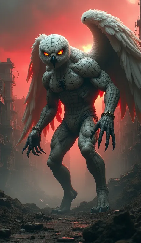 Design a terrifying hybrid creature that combines the features of a Snowy Owl and a Spider-Man-inspired character. The entity has the owls piercing yellow eyes, sharp beak, and feathery wings fused with Spider-Mans muscular humanoid form and iconic suit pa...