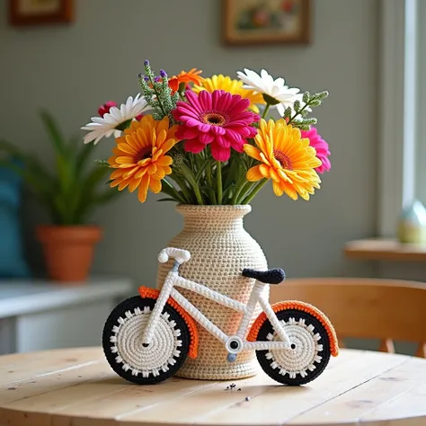 Nice vase flowers design crochet with wool bicycle design on wool vase and separate de sign white, black , orange color full view pic full room view zoom out on table