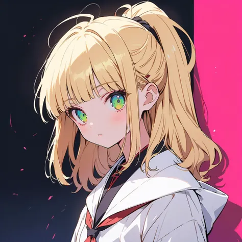 Blonde, ponytail, Blunt bangs, green Eyes, Yellow eyelashes, Beautiful Girls in Anime, Clean small surfaces, 1 cute girl, Adult Gal、improve, 23 years old, Cartoon design, Full body portrait of a cute girl in flat style , Simple but with a strong sense of d...