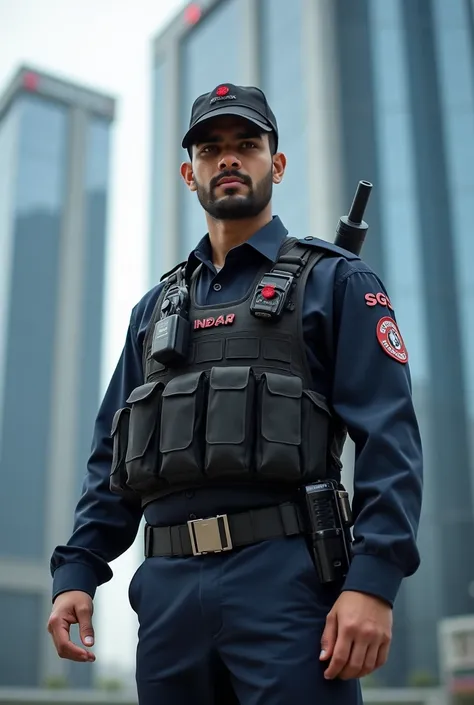 "Create an image of a professional Pakistani security guard standing in an alert posture, equipped with a weapon and a walkie-talkie. The guard should be wearing a neat, clean, and well-fitting uniform with SGS written in red on it, looking confident and w...