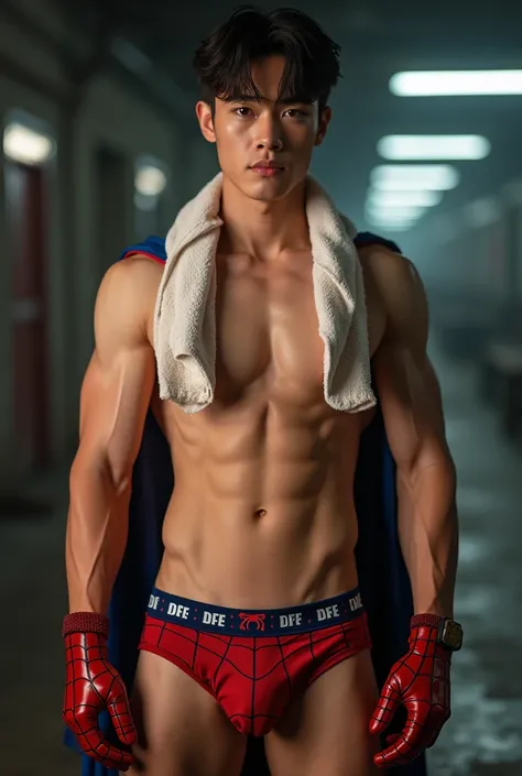 Handsome and sexy Chinese Teenageer, teen, young, boy, shirtless, Towel spiderman around the neck, Spiderman underwear open on one side and showing his sixpack abs, muscular, sixpack, young, front view, Korean idol, biceps and triceps, Spiderman gloves, ph...