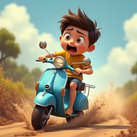  Create a semi-realistic animated 3D image of a gemoy-bodied boy ,  with chubby cheeks ,  is riding a blue Vespa motorcycle that measures smaller than his body .  The  is wearing a tight-fitting T-shirt ,  with a panicked facial expression , mouth open,  a...