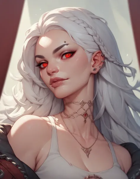 A girl with long white hair, red eyes, and many piercings.