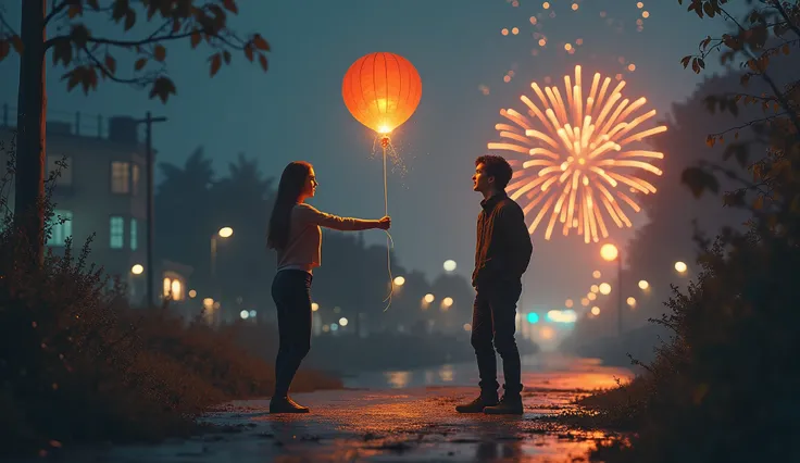 Hopeful Ending: surreal

As the fireworks fade, a young  from the crowd approaches and offers him a small glowing balloon.
He hesitates but accepts it with a faint, bittersweet smile. The scene closes with him walking into the city, the balloon lighting hi...