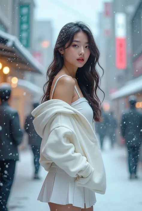 8K, 1 Korean model girl wears an off-shoulder hoodie, pleated miniskirt, white thighs, Tokyo streets, falling snow,