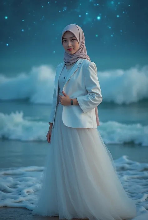  professional full body portrait of a beautiful Sundanese and Korean girl with very beautiful face age 19,  wearing a white hijab moslem  outfits a jacket flannel and blouse black coloured ,  white umbrella skirt ,  standing on the edge beach with clear bl...