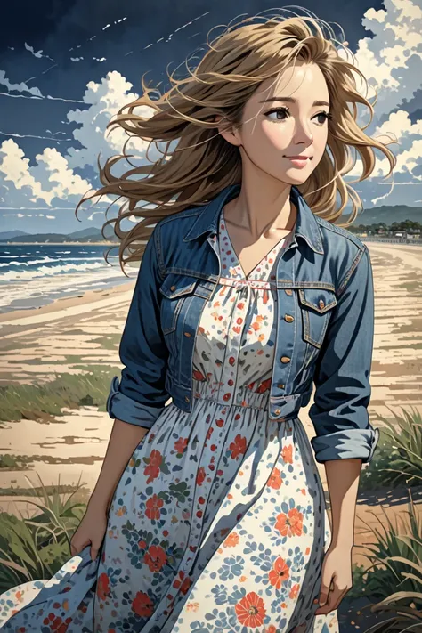 illustration, detailed illustration, ultra detailed, 35 year old woman, long hair, windblown hair, dirty blonde hair, brown eyes, sad smile, sad, summer dress, denim jacket, windy, dark skies, clouds, beach, tsunami in distance