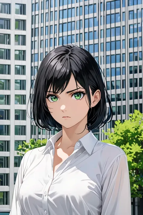 beautiful woman, upper body, medium-length black hair, wearing a white blouse and black skirt, green eyes, office building, serious expression