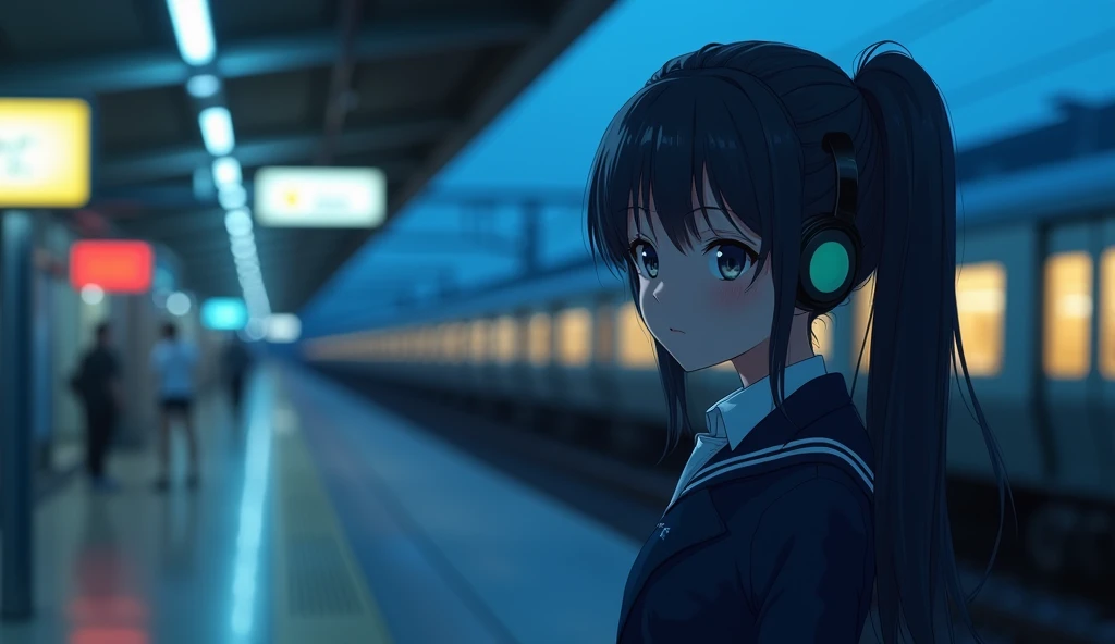 A young girl standing on a quiet train station platform during the evening, surrounded by glowing blue and yellow lights from signs and trains. She wears a dark navy school uniform with a white collar, and large headphones over her ears. Her long black hai...