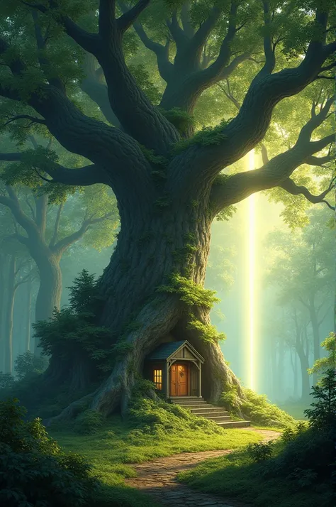 a forest that has a giant tree. Underneath this tree there is a house built. A ray of sunlight passes through the tree. It is a scene of tranquility