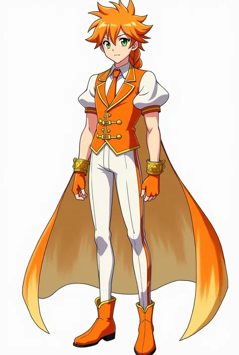 Teen Boy Precure oc orange sun prince suit male fairy with spiky orange hair tied back in a long French braid. With white short sleeve blouse with orange lining and collar, an orange tie and a short orange sleeveless vest with two gold chains in the front,...