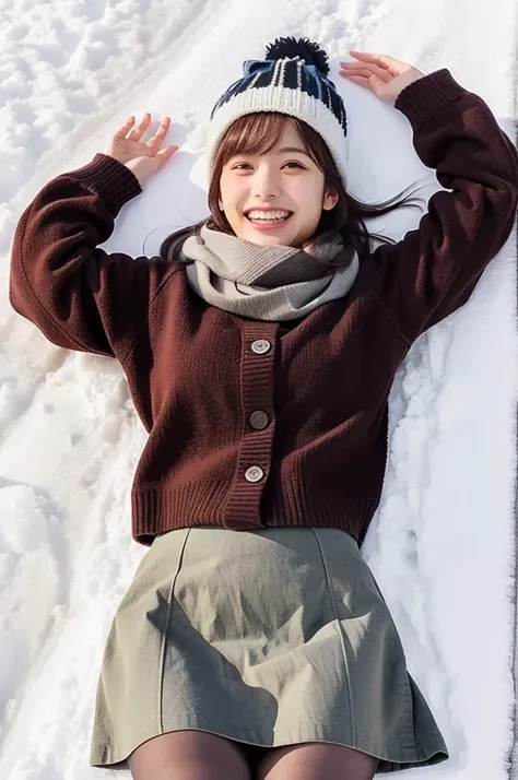 (masterpiece, best quality, perfect anatomy, highres, 8k, realistic, photorealistic, natural skin texture, no makeup:1.2), 1girl, solo, Japanese, female university student, age20, very cute, winter, (very cold day),
 (There is snow on the ground, she is ly...