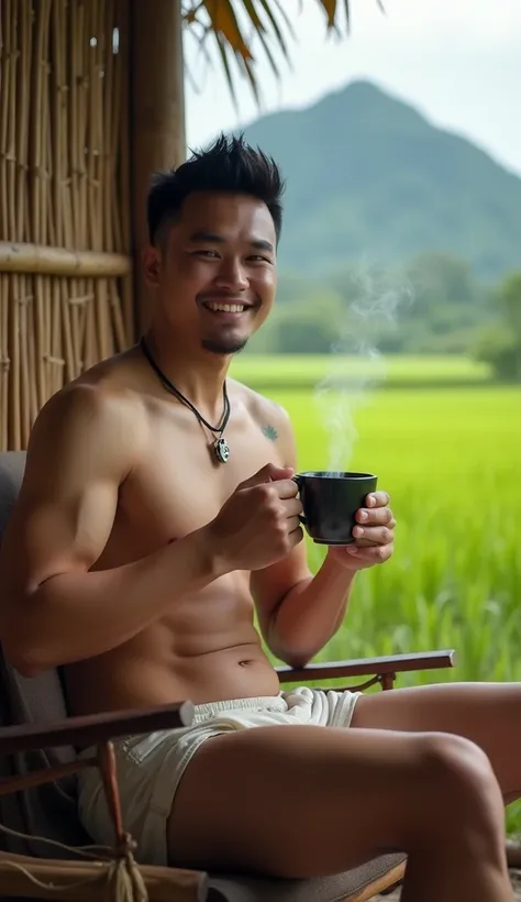 a handsome 2 Indonesian man, rather thin, short spiked hair, wearing tiny thong , no shirt, six pack body, and wearing a titanium necklace with the initial "T", and a tattoo of a peacock feather on his neck, sitting in a bamboo hut. edge of the rice fields...