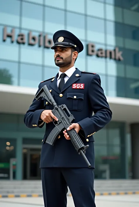 "Create an image of a professional Pakistani security guard standing in an alert posture, equipped with a weapon and a walkie-talkie. The guard should be wearing a neat, clean, and well-fitting uniform with SGS written in red on it, looking confident and w...