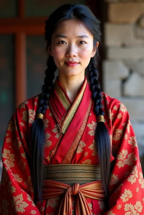 front portrait of Short and Stocky Tibetan Woman
Ethnicity/Race: East Asian (Tibetan)
Religion/Culture: Buddhist
Description: A woman with light tan skin, a round face, and long, straight black hair tied in braids. She wears a traditional chuba robe in vib...