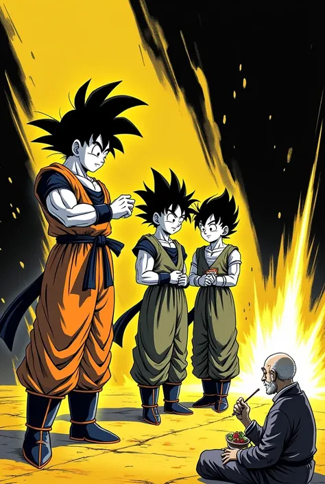 Black and yellow illustration of Goku training Gohan and Picoro and Master Rochi eating 