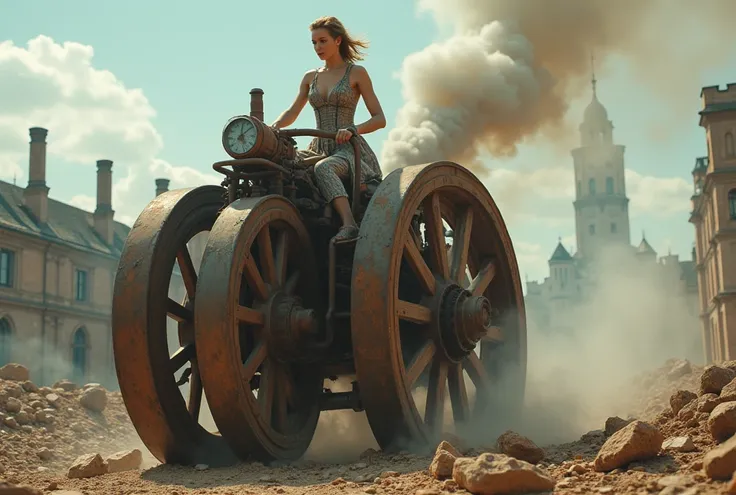 (RAW photo, real photo, high quality, masterpiece), (( steampunk world, steam driven machine:1.8, giant rolling wheel machine is driven by steam power), steam gas emitted by rolling wheel machine, woman drive on the giant rolling wheel machine and crash on...