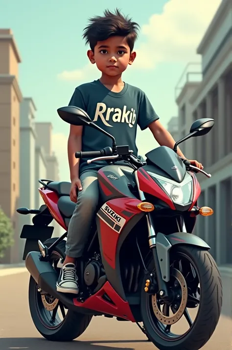 A boy is standing in the bike Suzuki gixxer. the boy is wearing a t-shirt the boys name Rakib is written on the t-shirt 