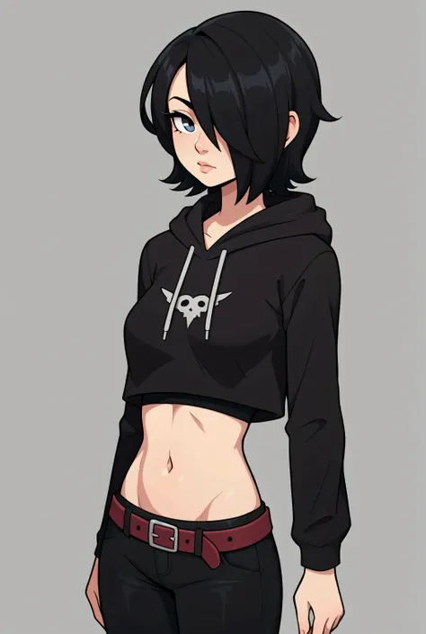 Solo, Girl with short black hair, hair over one eye, black cropped hoodie, midriff, navel, black pants, belt