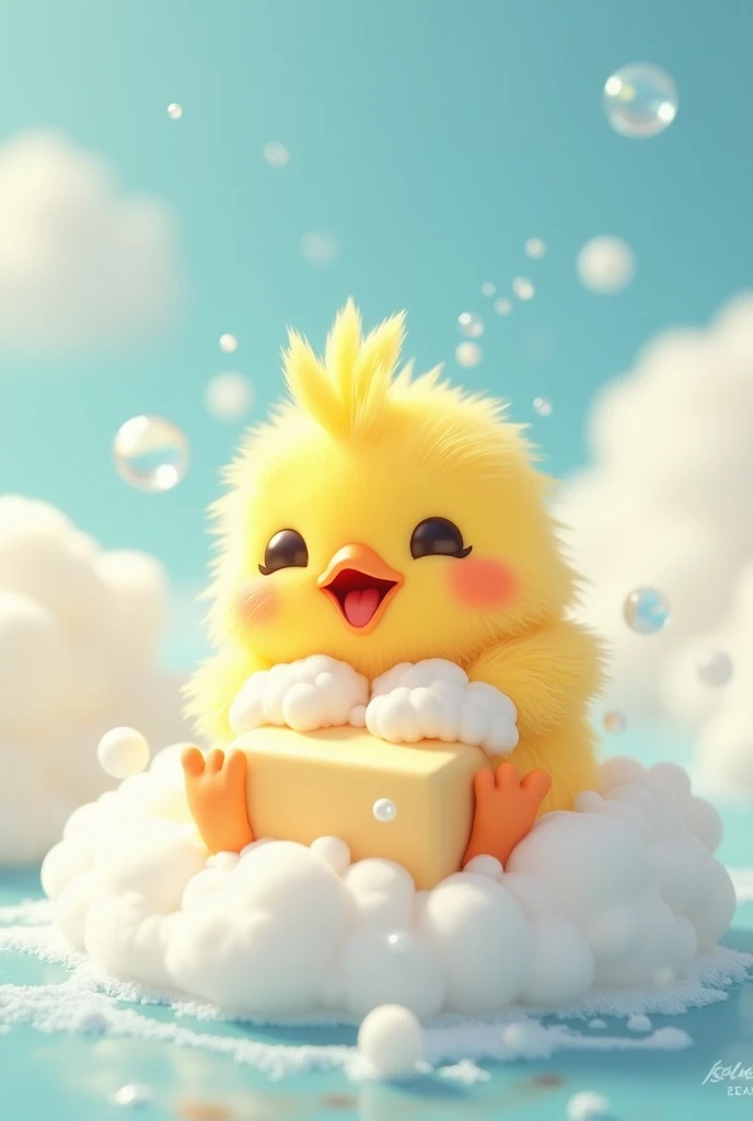 Cute chick taking a bath with solid soap. Chick is so happy.  Chick is taking a bath above the clouds. 