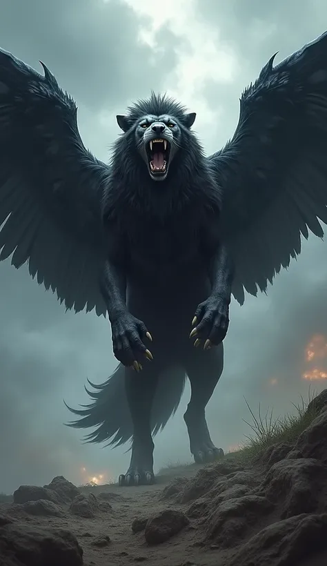 A hybrid image of a lion and a wolf and a crow and a spread wins and roaring.