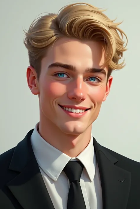  Portrait of a young Russian man of approximately 23 years,with pale skin,  light blond hair,intense blue eyes, smiling, dressed in a black suit ,with marked jaws profiled and manly face ,with a happy expression 