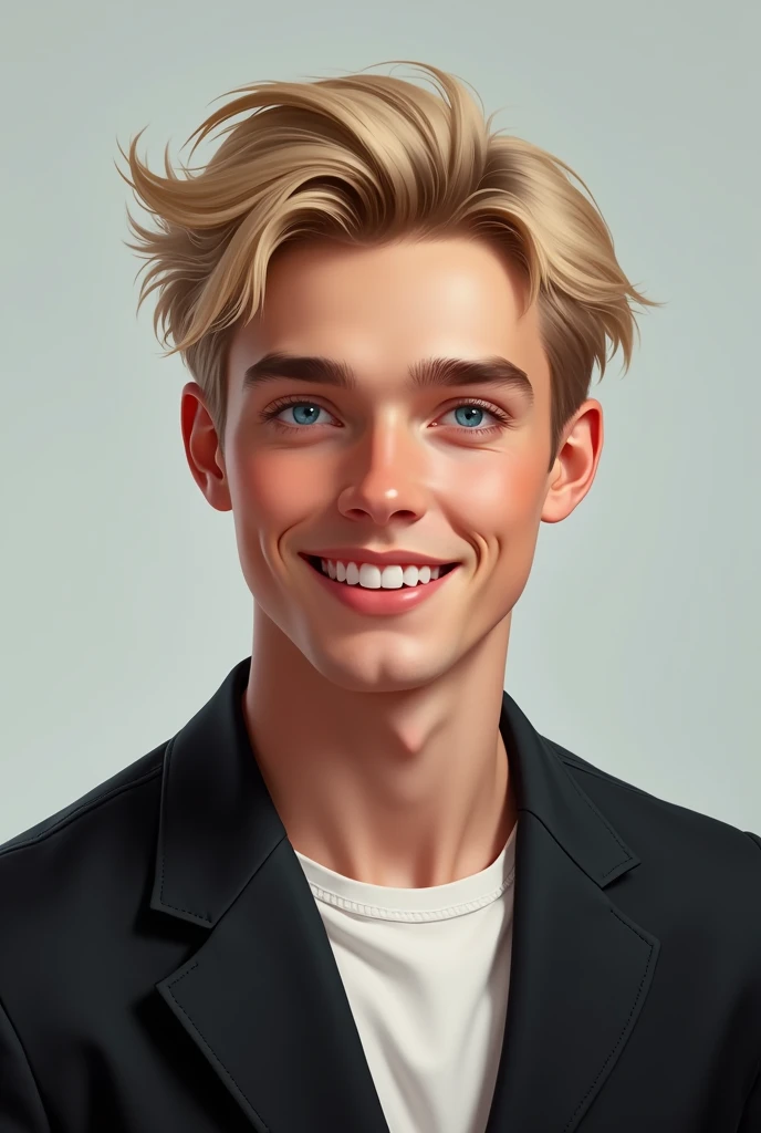  Portrait of a young Russian man of approximately 23 years,with pale skin,  light blond hair,intense blue eyes, smiling, dressed in a black suit ,with marked jaws profiled and manly face ,with a happy expression 