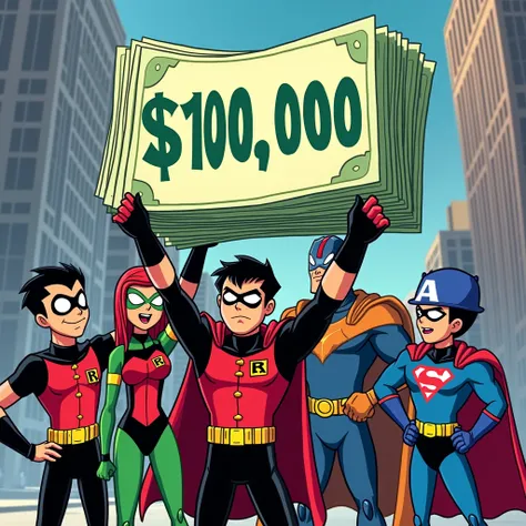 Teen titans holding $100k with a sign that reads eternal wealth 