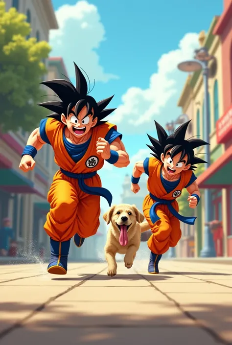 Goku and Picoro running for ice cream and a dog chasing them