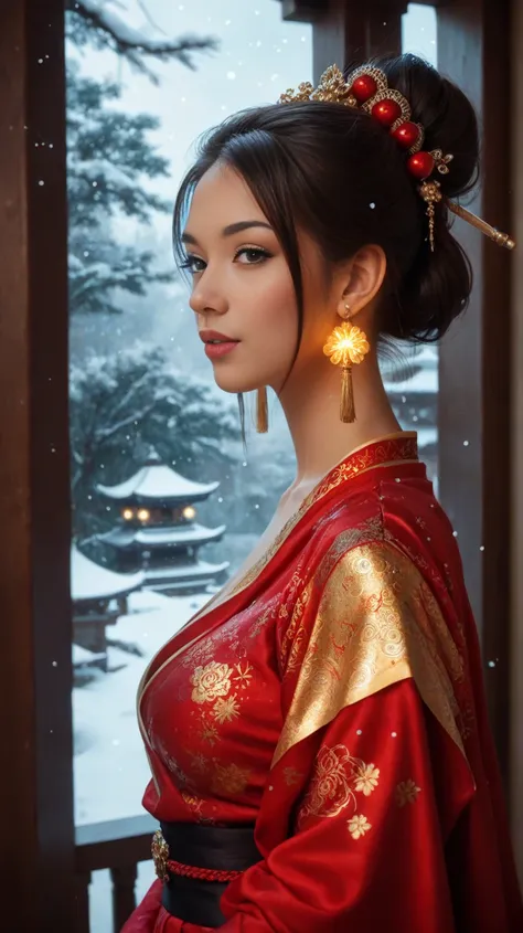 A young woman in traditional Southeast Asian attire with intricate red and gold embroidery, set against a mystical temple background in soft focus. The scene features a gentle snowfall, with snowflakes glistening as they fall. Her hair is styled in an eleg...