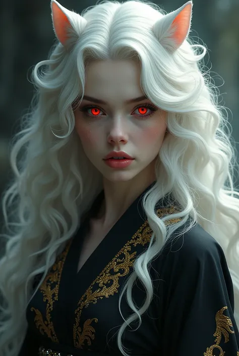  A woman with the red eyes of a predator, bee, voluminous and wavy white hair , a black kimono with gold details s
