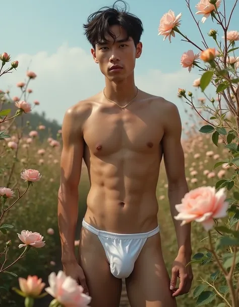 Extremely realistic photo, masterpiece, best quality, RAW photo, mixed Latino and Japanese male supermodel in a white thong, handsome, 22 year old, Full Body, realistic detailed, Charmer and Active Boy, sexy eyes, mouth opened, pale skin tone, symmetric fa...