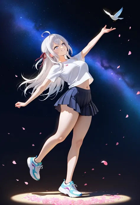 realistic image, detailed image, coherent image, 1 beautiful girl, she has very long hair, white hair, light blue eyes, smiling expression. She is wearing a long-sleeved t-shirt, showing her navel, a pleated miniskirt, sneakers, She has a curvy body, mediu...