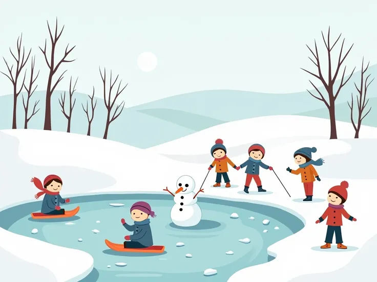 A snowy landscape with s sledding, building a snowman, and skating on a frozen pond. Include simple, bold outlines with open interiors for coloring