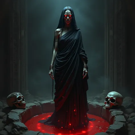 Scary indian witch red eyes standing and bathing with blood and skull wearing black saree.