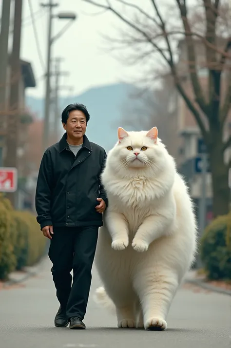 A japanese man dressed in black casual and walking along with a very giant angora cat walking together