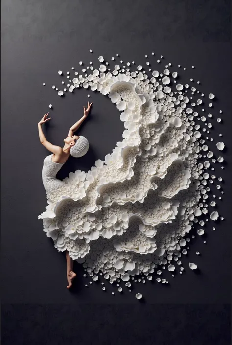 (womens elegant symbol logo) a wide and long piece of white blanket made of small flower petals covering and envelop a part of the body of a flamenco women, small petals dress, The ends of the flower petal cloth fly up and stick to the wall expands upwards...