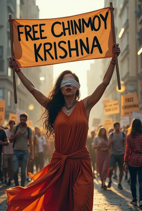 Blind fold,  women with banner wrote free chinmoy krishana 