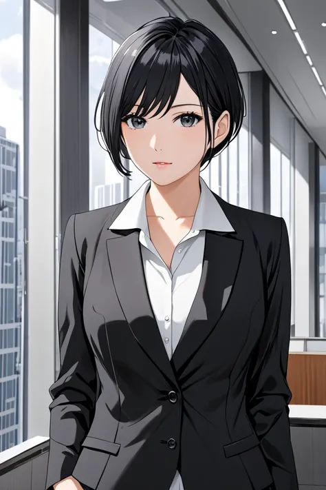 office lady, short black hair, grey eyes, white blouse, black shirt, black suit jacket, upper body, in office building