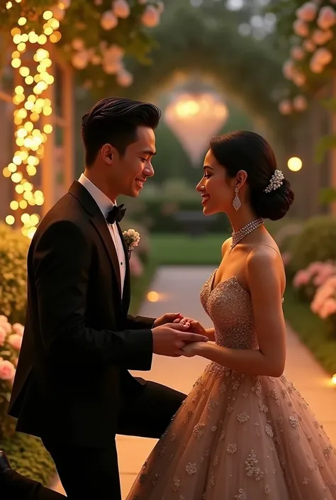 In a quiet garden corner under twinkling fairy lights at night , Yash (handsome guy in a black tuxedo with a loosened bow tie and polished black shoes) kneels before Roshani (a beautiful matured girl in her shimmering champagne gown with a flowing skirt, a...