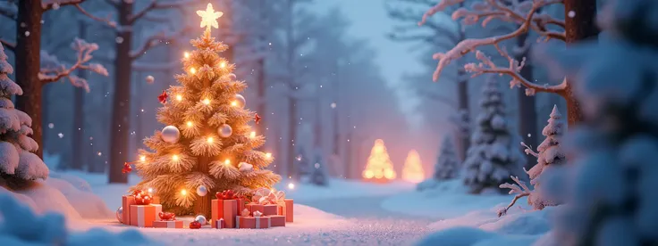 A warm and festive Christmas tree scene, set in a snowy forest, with soft, rounded 3D models rendered in Cinema 4D with Octane. The tree is beautifully decorated with glowing lights, baubles, and ribbons, giving it a magical holiday charm. The surrounding ...