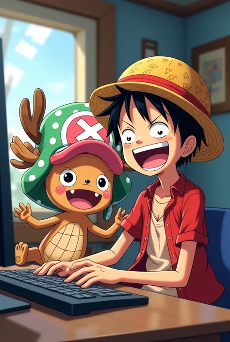 Tony Tony chopper jugando con luffy en la PC riendo 