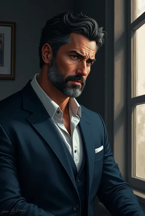 Handsome older man with beard, tan skin, black hair, muscular, wearing suit, brown eyes, in the dark room background, looking out the window, semi watercolor style, dark ambiance, dark shadows, dark composition, less realistic, soft anime, soft oil paintin...