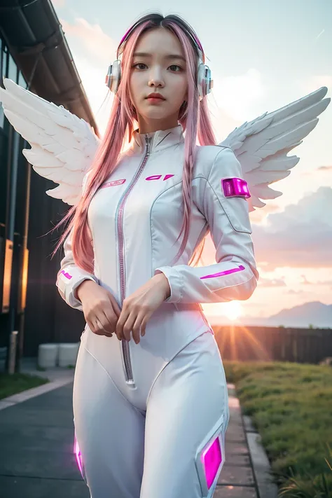 ((masterpiece, best quality, extremely detailed), volumetric lighting, ambient occlusion, colorful, glowing), 1girl, solo, young girl, (pink hair), long hair, halo, aura, sacred, godness, cyber suit, (white outfit:1.3), android, bot, angel wings, outdoors,...