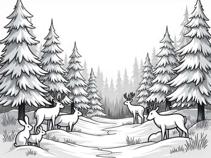 A bold, black-and-white outline illustration of a A magical winter forest with frosted pine trees and woodland animals like rabbits and deer. Bold, smooth outlines with open areas for coloring.