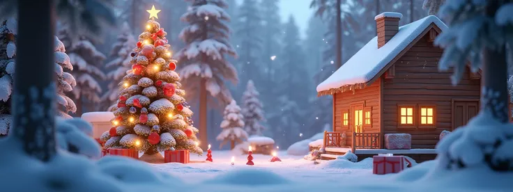 A warm and festive Christmas tree scene, set in a snowy forest, with soft, rounded 3D models rendered in Cinema 4D with Octane. The tree is beautifully decorated with glowing lights, baubles, and ribbons, giving it a magical holiday charm. The surrounding ...