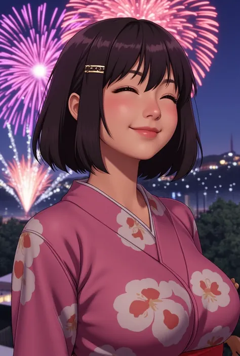 Outrageous resolution ,  high resolution, (masterpiece: 1.4),  very detailed , (1. woman: 1.3), ( unique : 1.4), fireworks, Short Bob, Short Bob,  kimono, review,  with eyes closed , Smile, Light,  Shinkai Makoto style ,   super close-up of the face  ,   S...