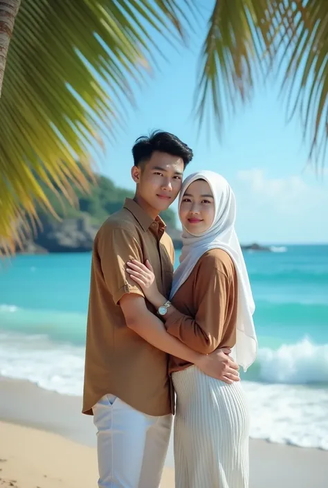  professional full body portrait of beautiful young lovers and handsome face Sundanese age 20,  beautiful girl wearing moslem hijab color white ,  blouse casual brown color , pencil skirt white color ,  outfits men casual shirt brown color ,  crufted pants...