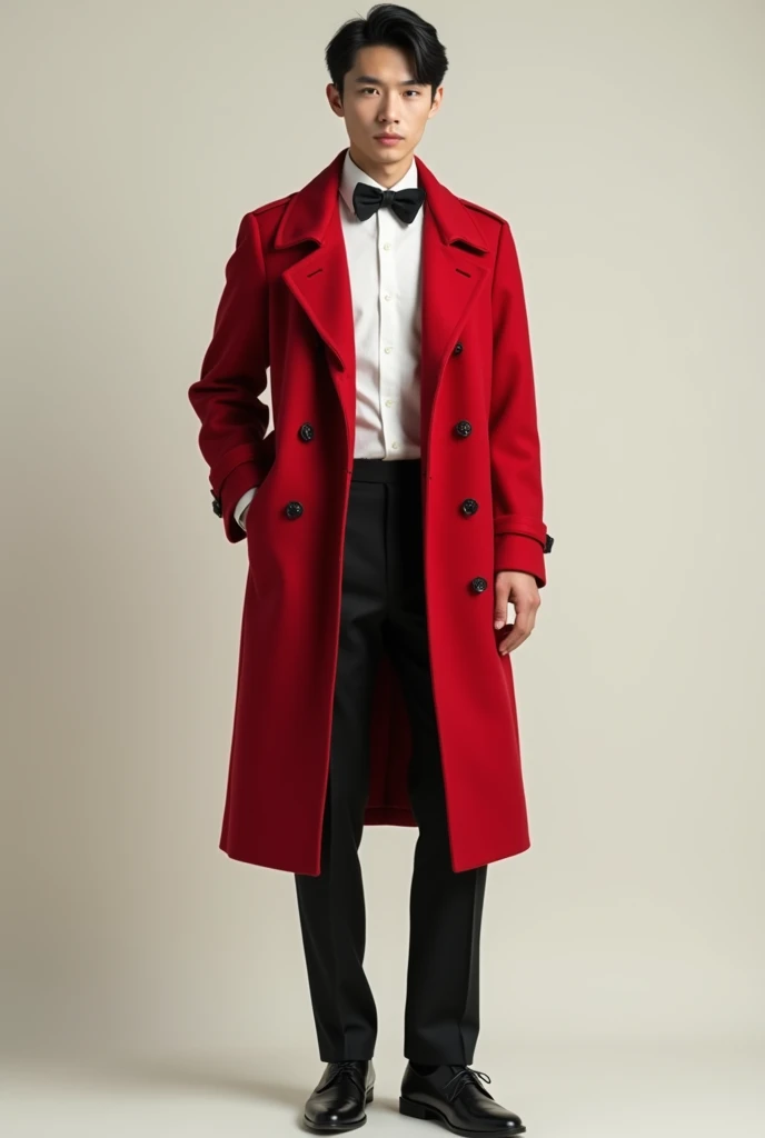 Generate a asian young man in a red coat, white wing collar long sleeve with black buttons, with a black bow tie, black pants and black shoes.