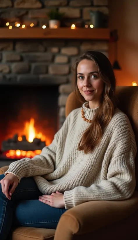 A 37-year-old woman sitting in a cozy armchair by a fireplace, wearing a knitted sweater.